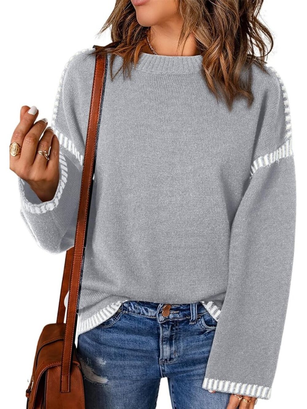 Women's Gray Oversized Crewneck Long Sleeve Knit Casual Fashion Sweater Tops